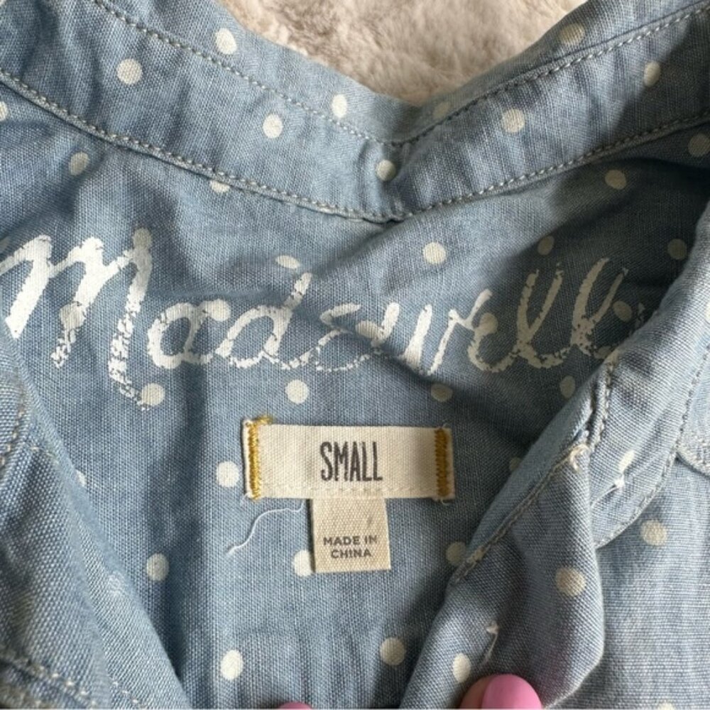 Madewell | Blue & White Polka-dot Chambray Button-Down Blouse | Size Small - Picture 9 of 12